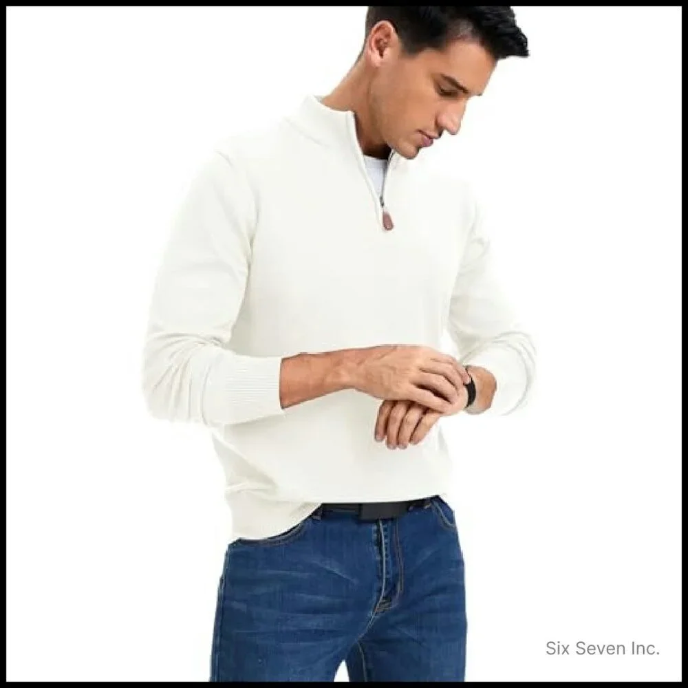 Slim Fit Quarter Zip Pullover Mock Neck Knit Sweater Business Casual Elegant
